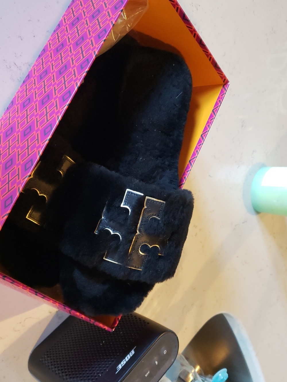 Tory Burch Black Fuzzy Logo Slide Slippers